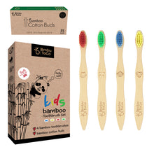 Charger l'image dans la galerie, Bmbu ToGo Kids Bamboo Toothbrushes | Organic & Eco-Friendly | Rainbow 4 Pack with Bamboo Cotton Buds Gift