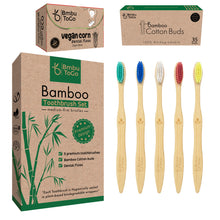 Charger l'image dans la galerie, Bmbu ToGo Bamboo Toothbrushes | 5 Pack with Bamboo Cotton Buds & Dental Floss Gift