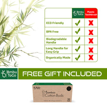 Charger l'image dans la galerie, Bmbu ToGo Kids Bamboo Toothbrushes | Organic & Eco-Friendly | Rainbow 4 Pack with Bamboo Cotton Buds Gift