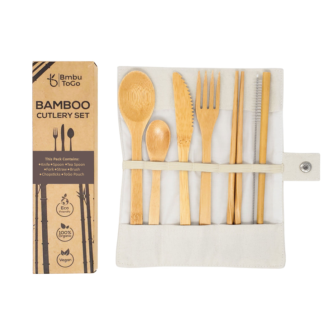 Bmbu ToGo Bamboo Cutlery Set | Bamboo Travel Utensils | Reusable Cutlery Set | White Pouch