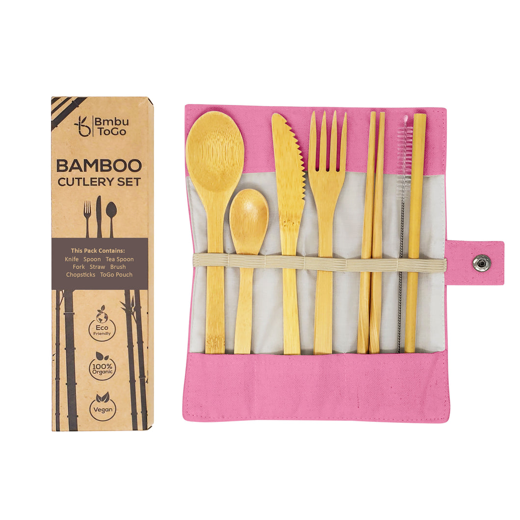 Bmbu ToGo Bamboo Cutlery Set | Bamboo Travel Utensils | Reusable Cutlery Set | Pink Pouch