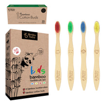 Load image into Gallery viewer, Bmbu ToGo Kids Bamboo Toothbrushes | Organic &amp; Eco-Friendly | Rainbow 4 Pack with Bamboo Cotton Buds Gift
