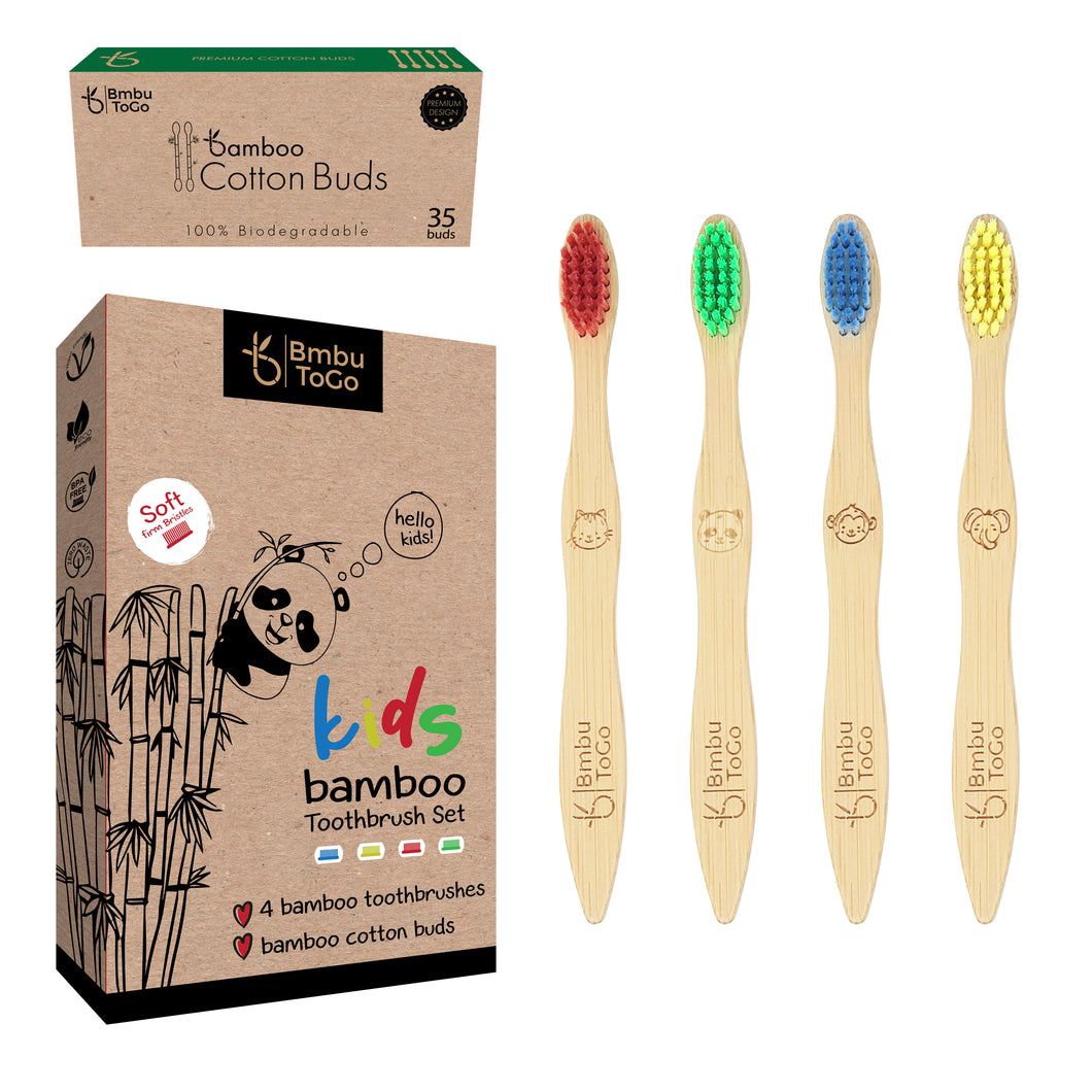 Bmbu ToGo Kids Bamboo Toothbrushes | Organic & Eco-Friendly | Rainbow 4 Pack with Bamboo Cotton Buds Gift